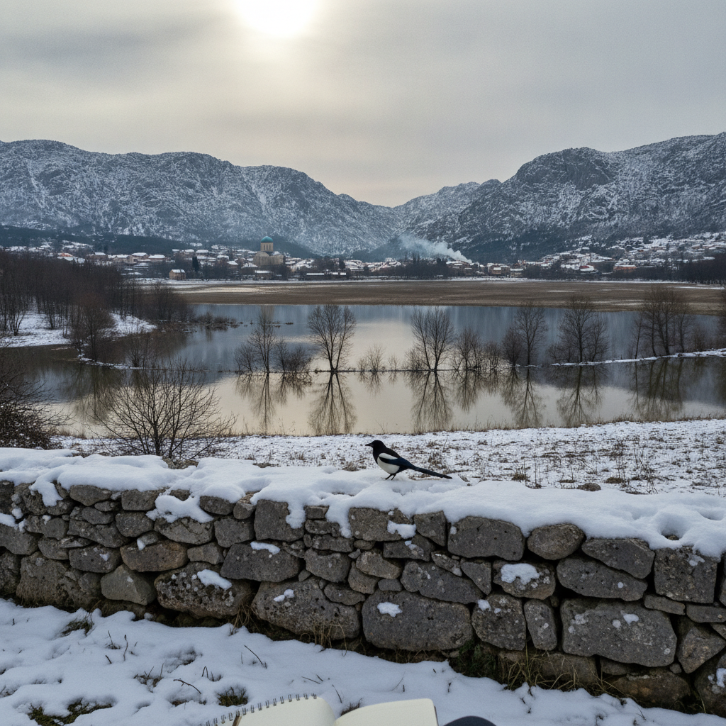 Cetinje polje basin in winter, Montenegro AI-generated photoreal reference