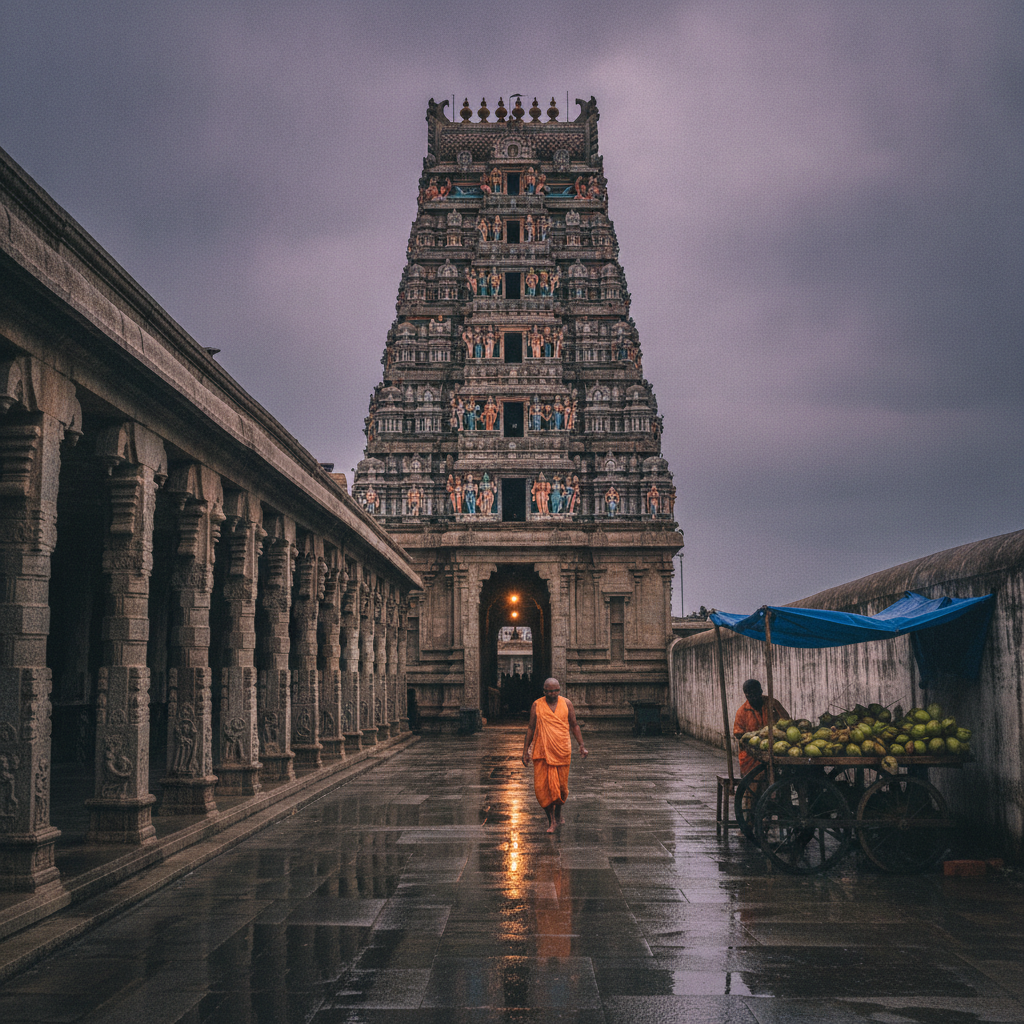 Rameshwaram gopuram in evening monsoon light AI-generated photoreal reference