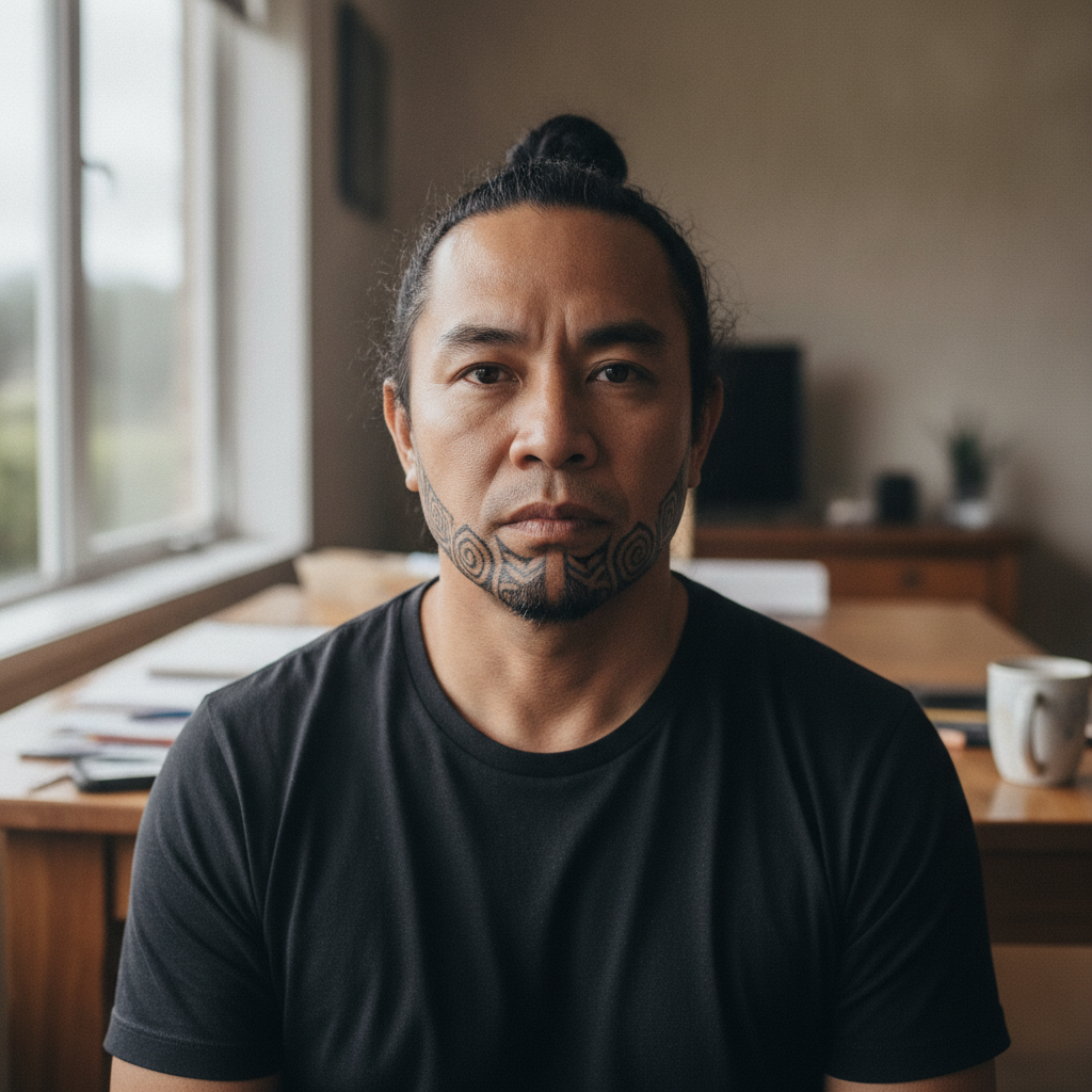 Maori Man with Moko Kauae Beginnings AI-generated photoreal reference