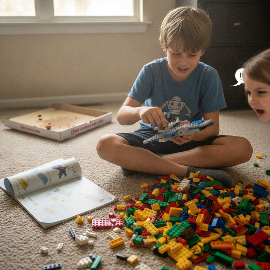 Kid with LEGO mess AI-generated photoreal reference