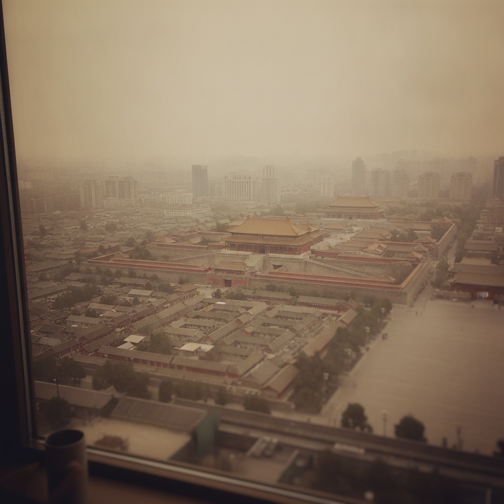 Beijing Forbidden City from Above, Smog Haze AI-generated photoreal reference