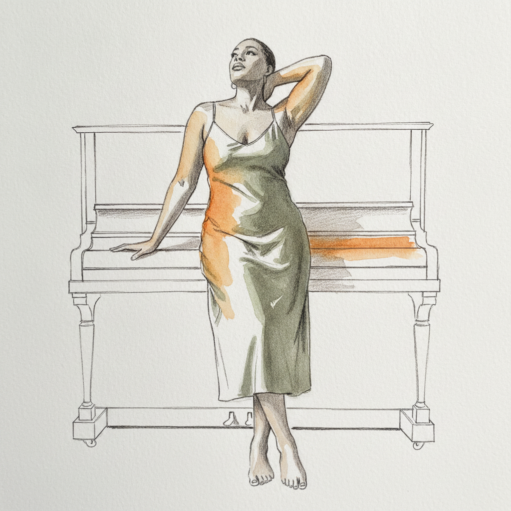 Woman, late 30s, Black, tall full curvy build, hip leaning against a piano example 1