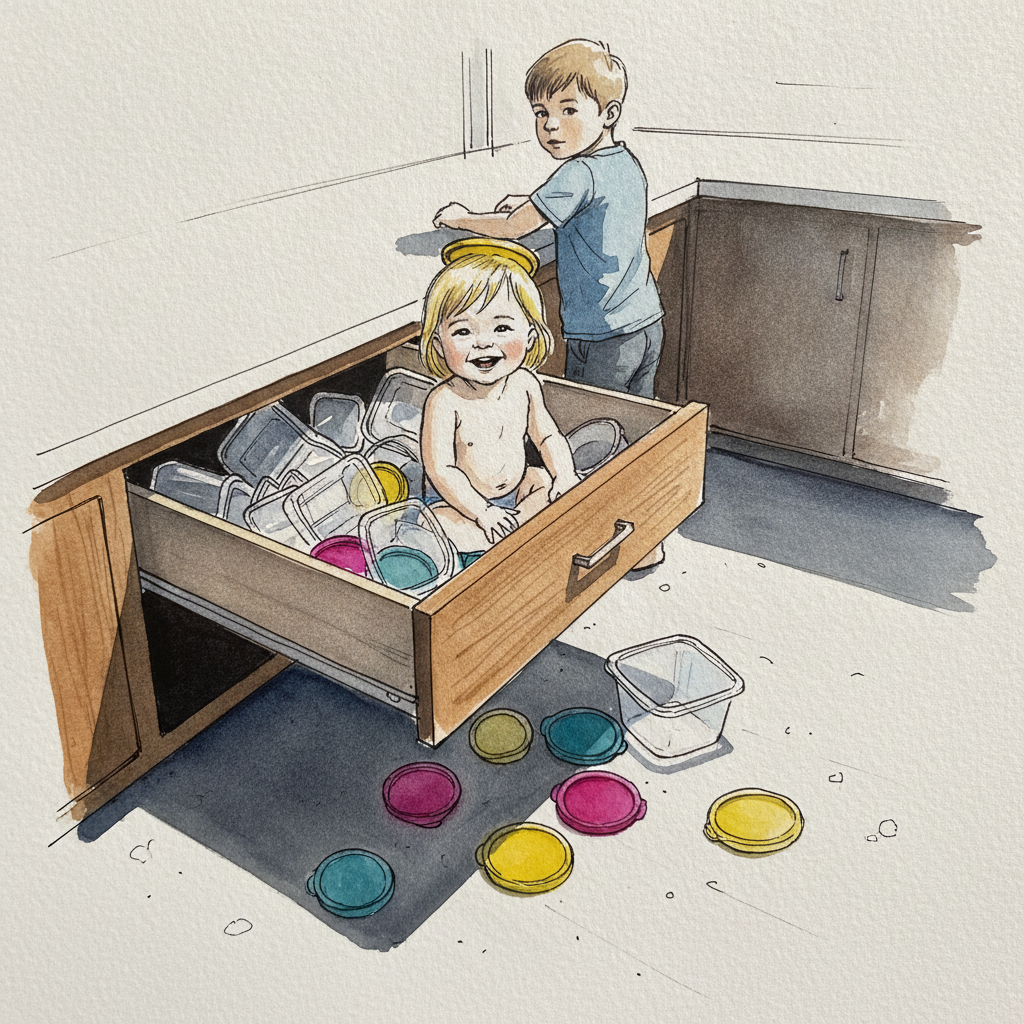 Toddler in a Tupperware drawer example 1