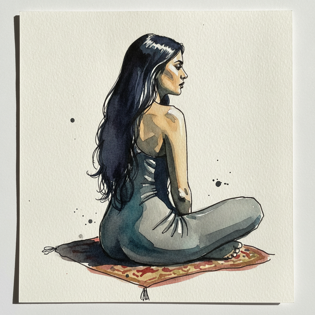 Persian woman 40s cross-legged, long hair down example 1