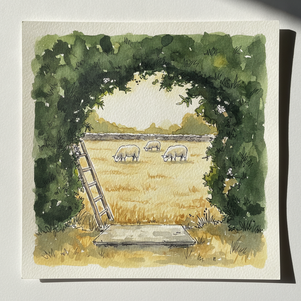 Yew arch frames a view to a haha and grazing sheep example 1