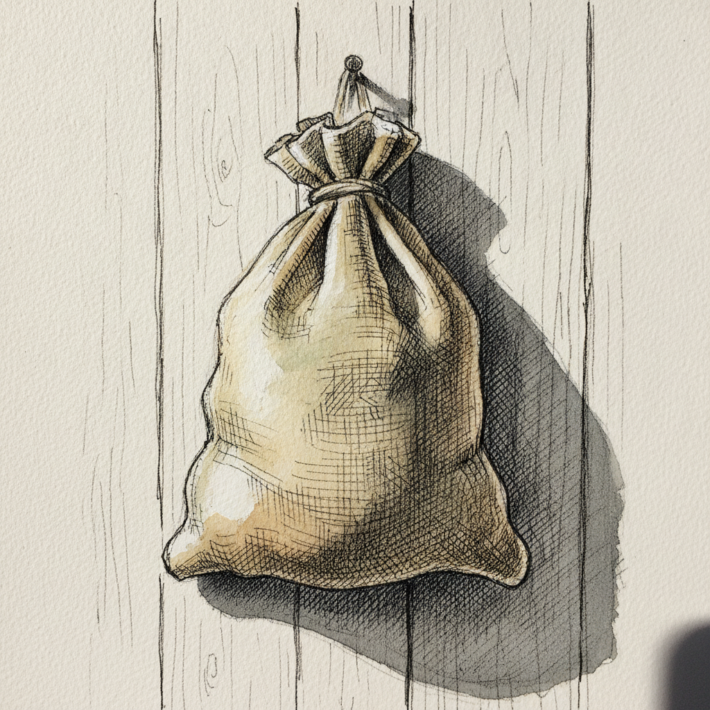 Burlap sack hanging from a nail example 1