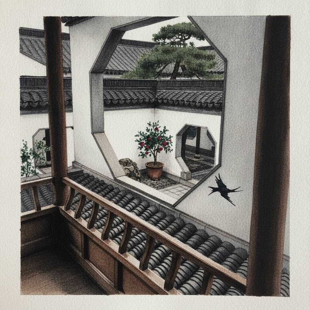 The gate from a high pavilion, looking down into the courtyard example 1