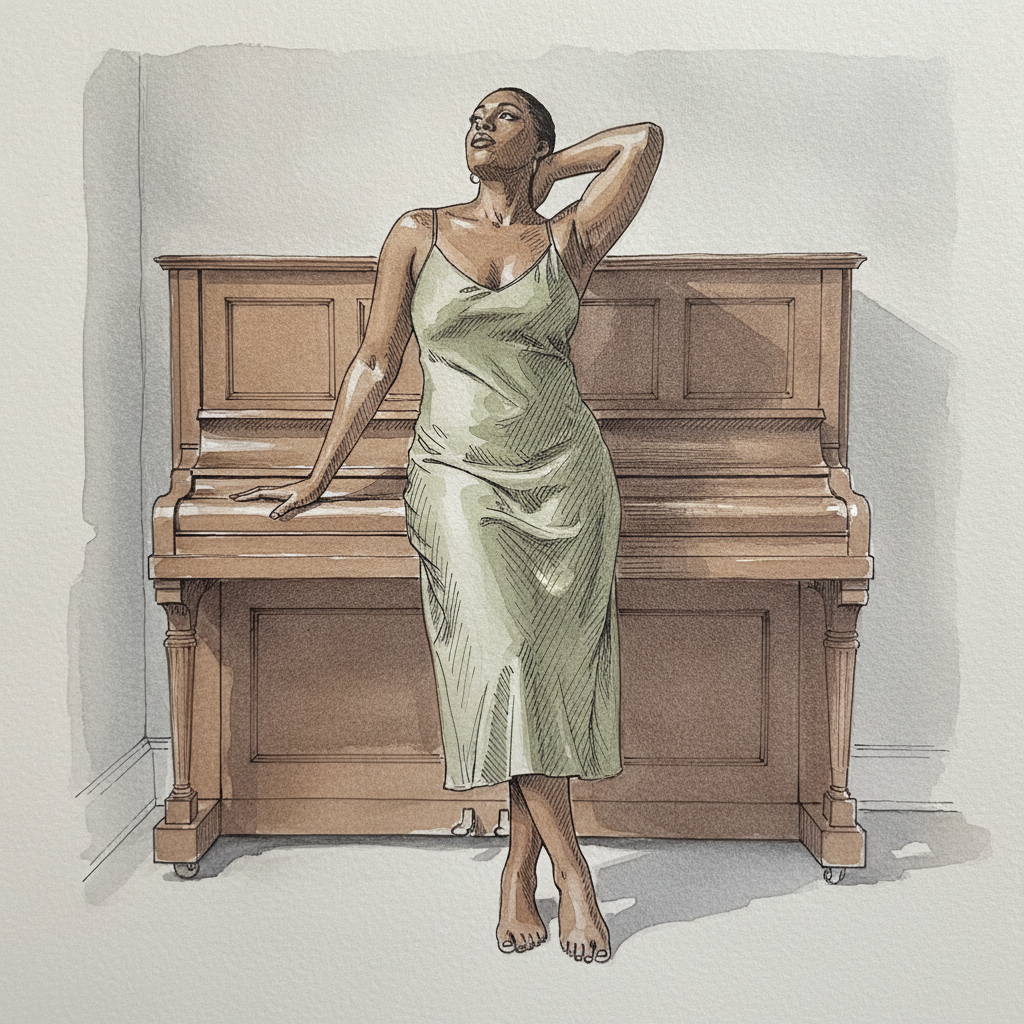 Woman, late 30s, Black, tall full curvy build, hip leaning against a piano example 2