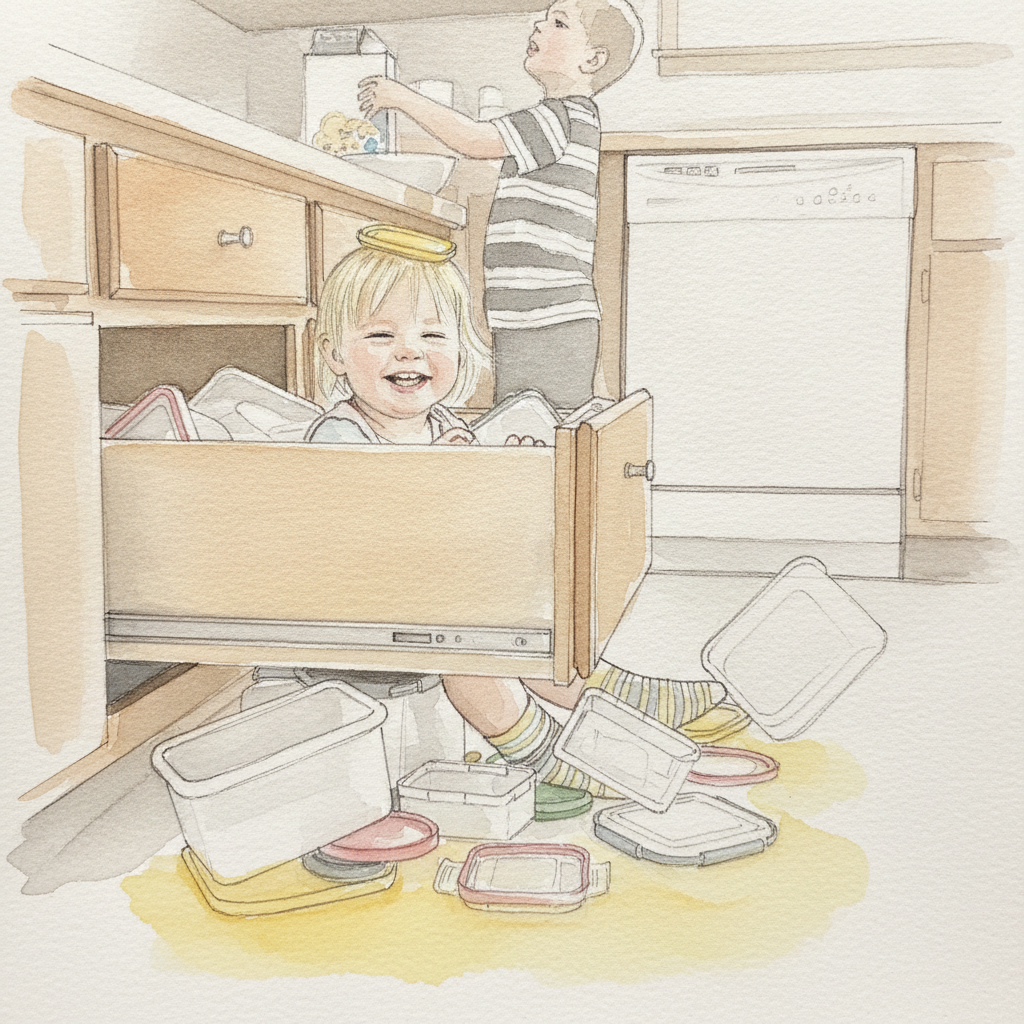 Toddler in a Tupperware drawer example 2