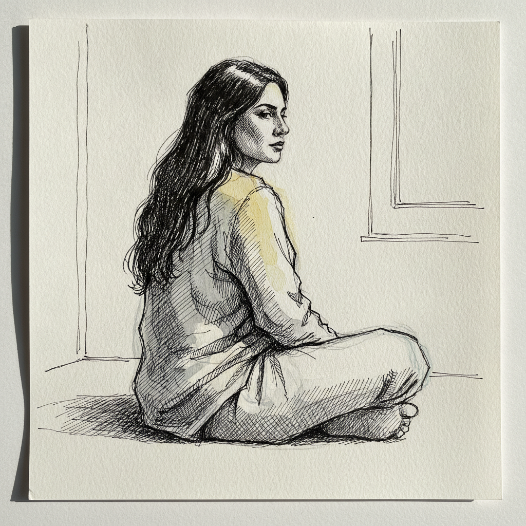 Persian woman 40s cross-legged, long hair down example 2