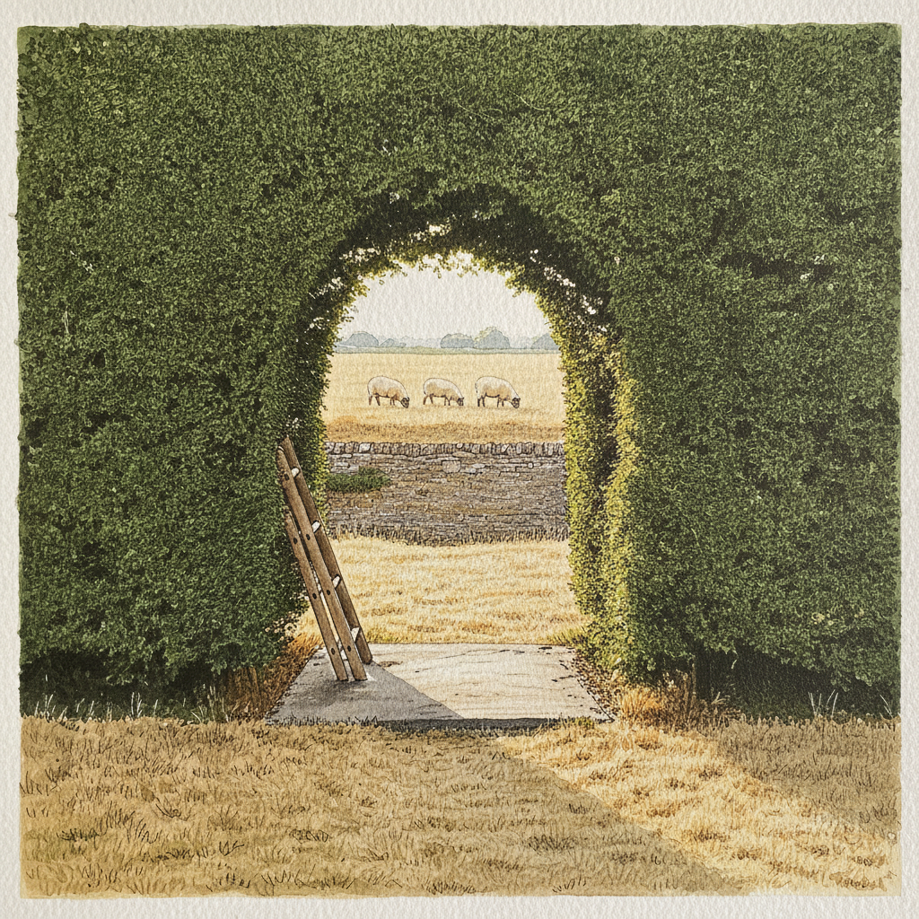 Yew arch frames a view to a haha and grazing sheep example 2