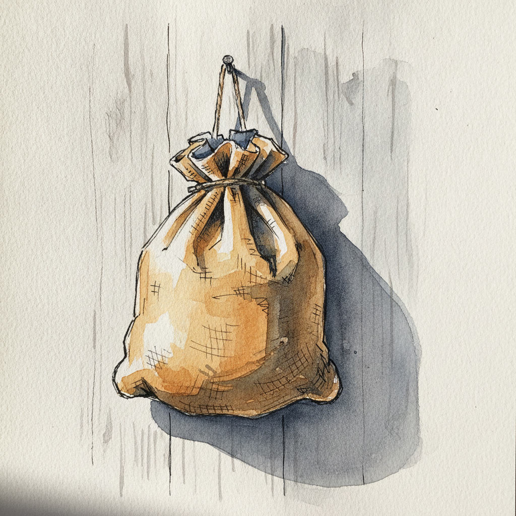 Burlap sack hanging from a nail example 2