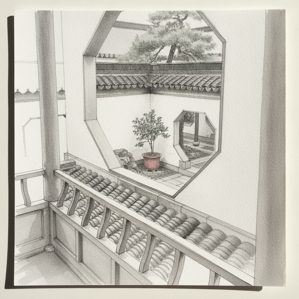 The gate from a high pavilion, looking down into the courtyard example 2