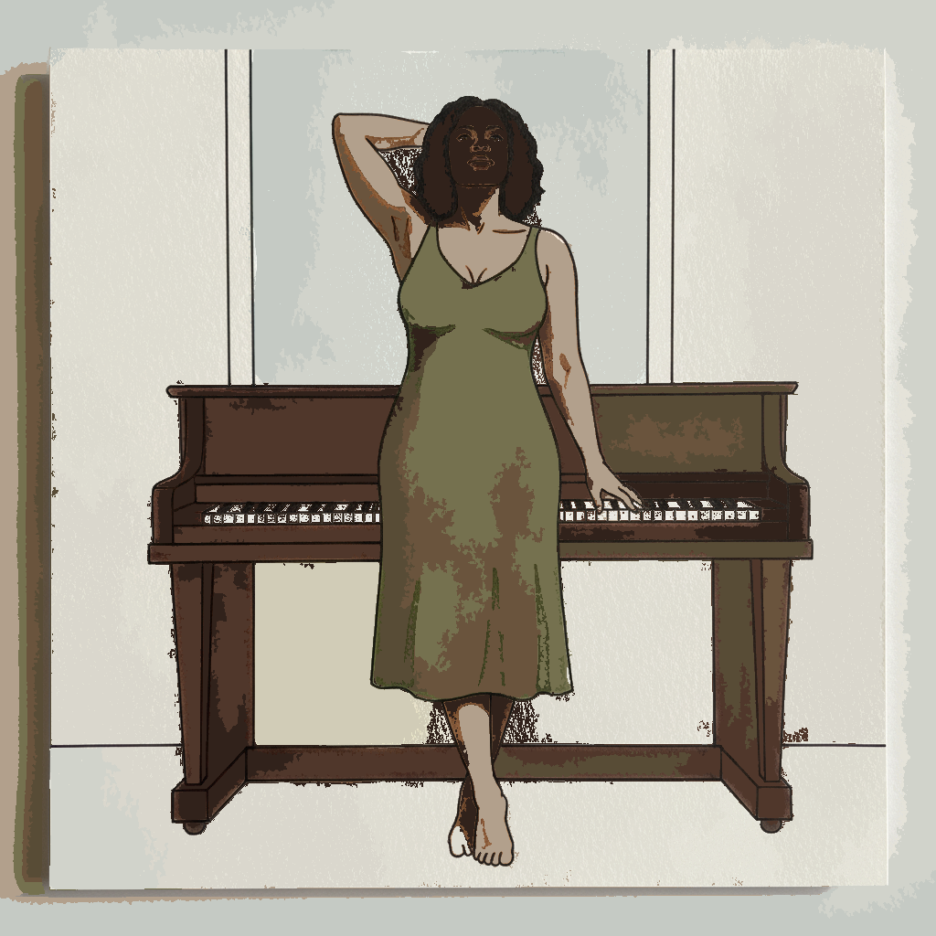 Woman, late 30s, Black, tall full curvy build, hip leaning against a piano example 3