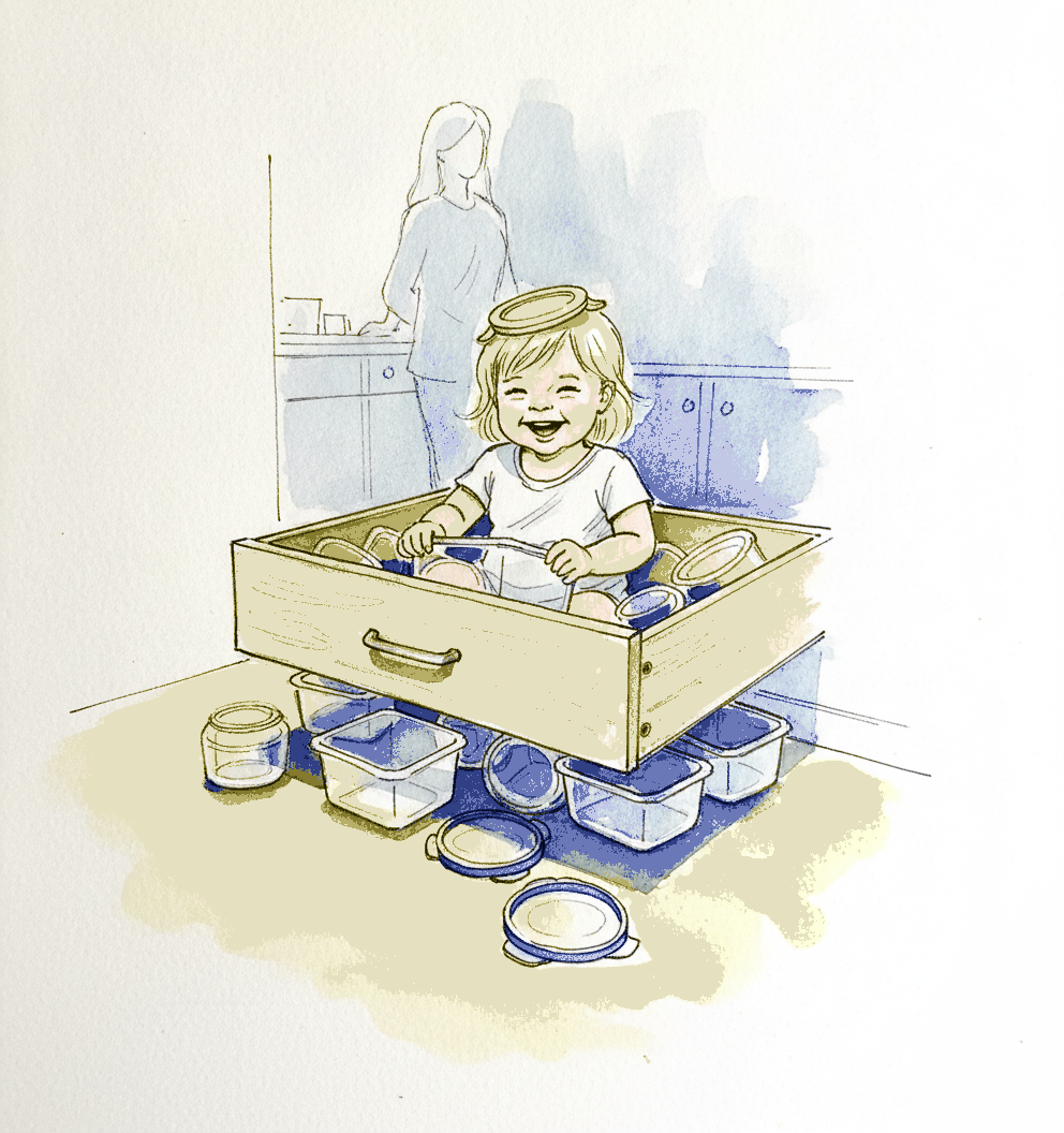 Toddler in a Tupperware drawer example 3