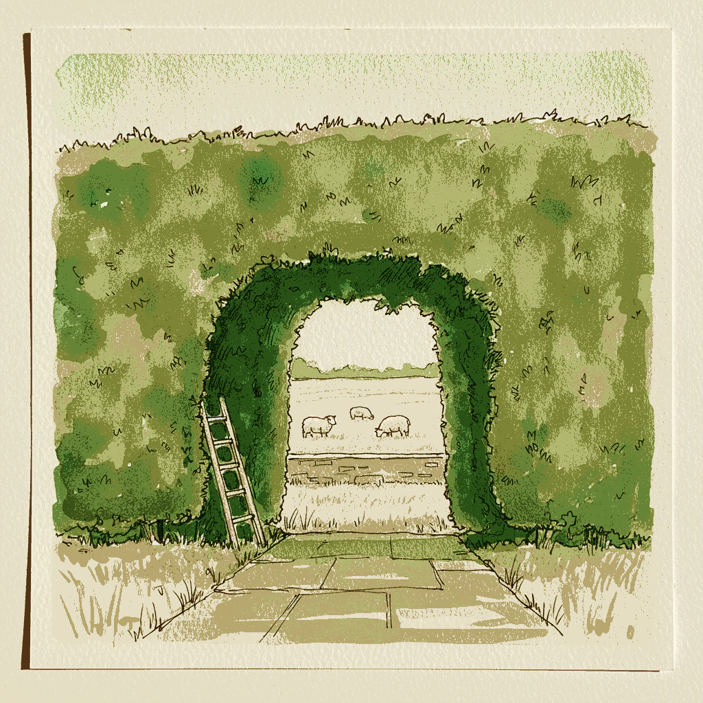 Yew arch frames a view to a haha and grazing sheep example 3