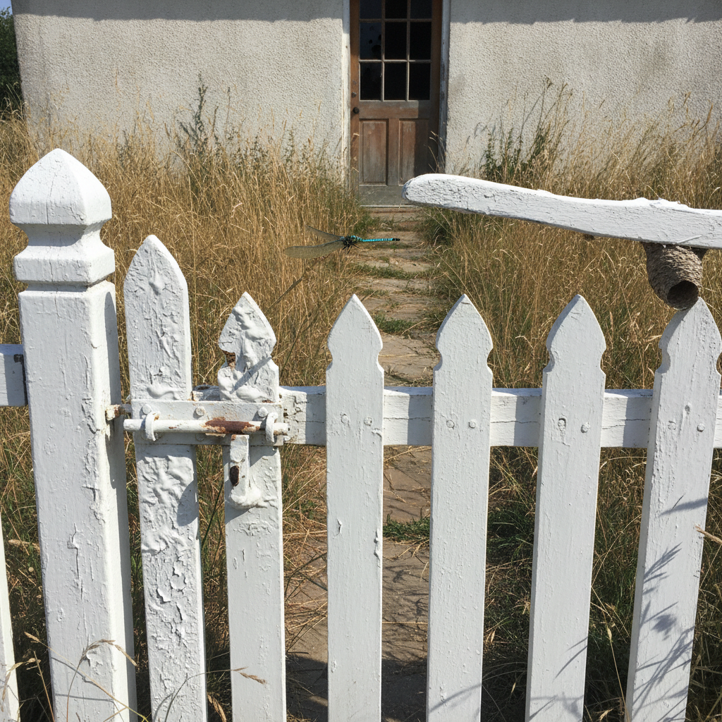 Painted-shut gate at an abandoned cottage AI-generated photoreal reference