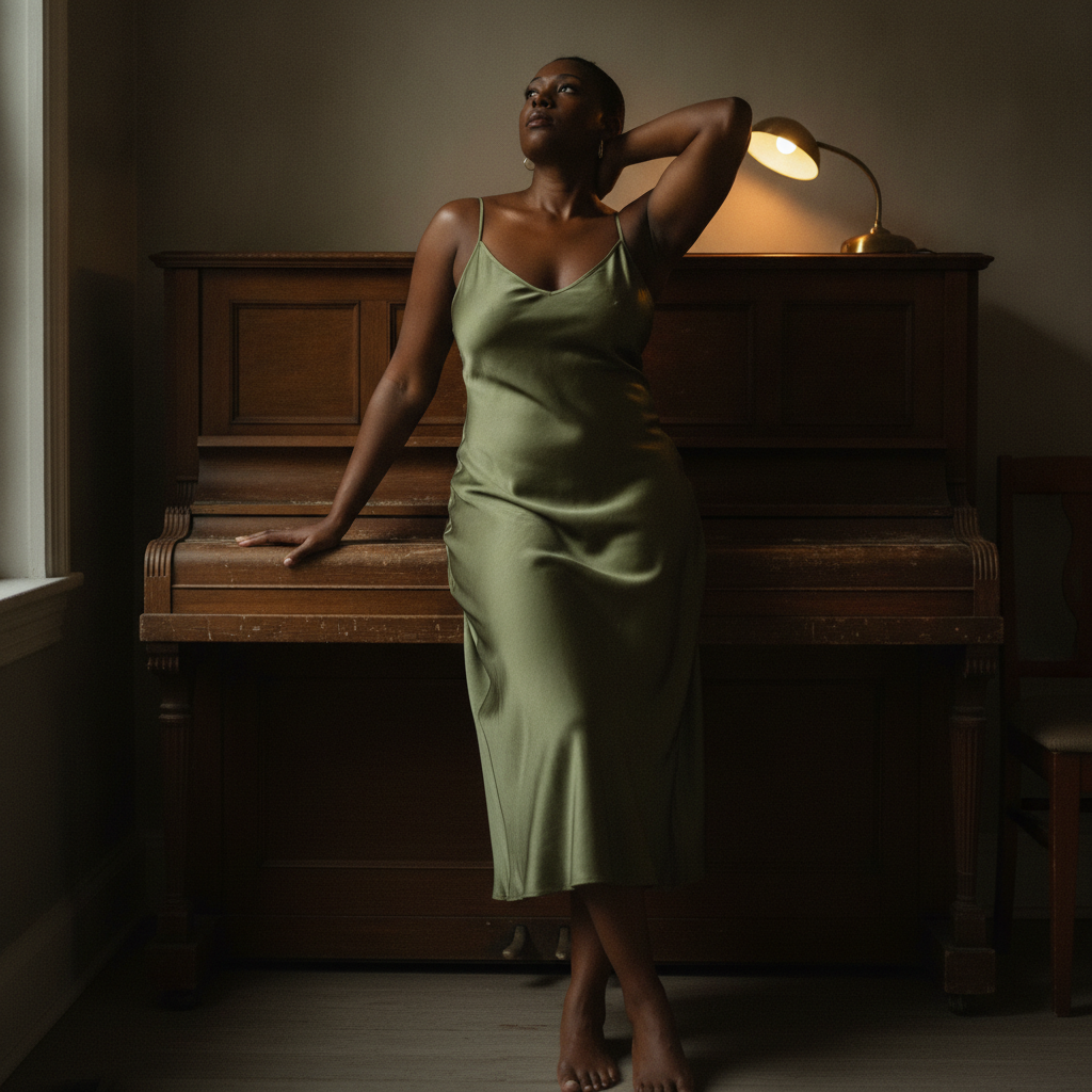 Woman, late 30s, Black, tall full curvy build, hip leaning against a piano AI-generated photoreal reference