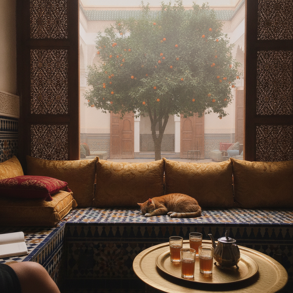 Marrakech Riad Courtyard AI-generated photoreal reference
