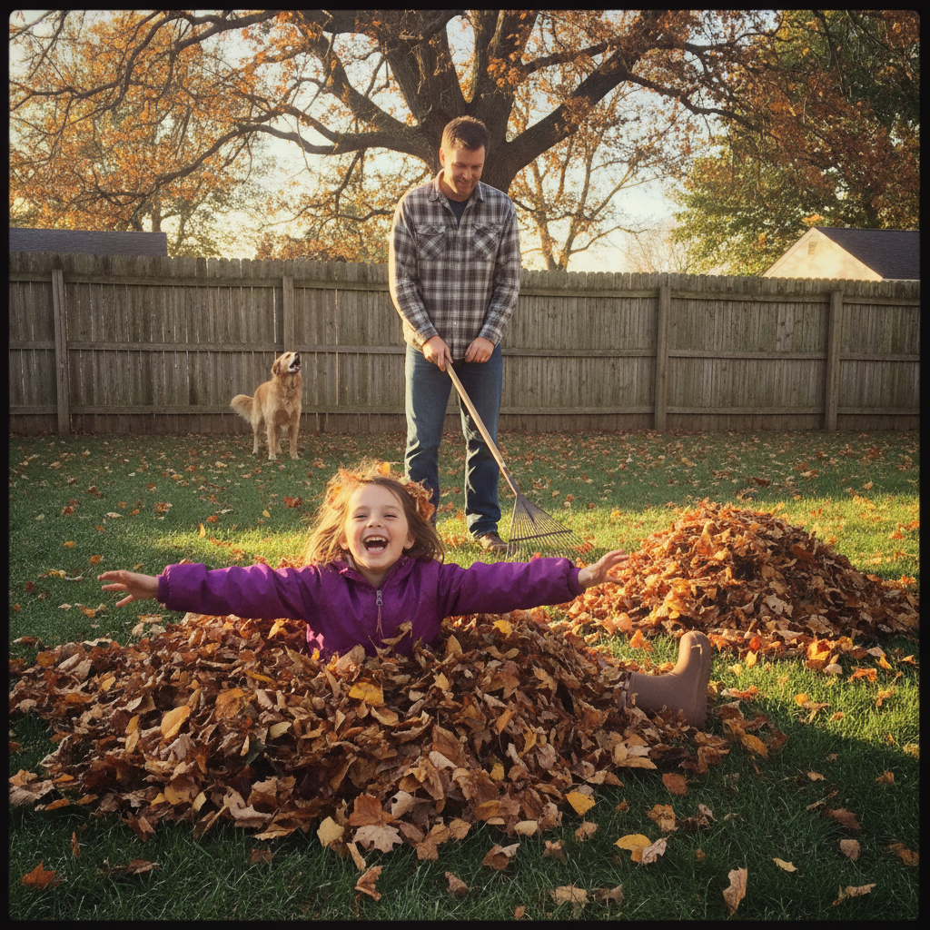 Kid jumping in leaves AI-generated photoreal reference
