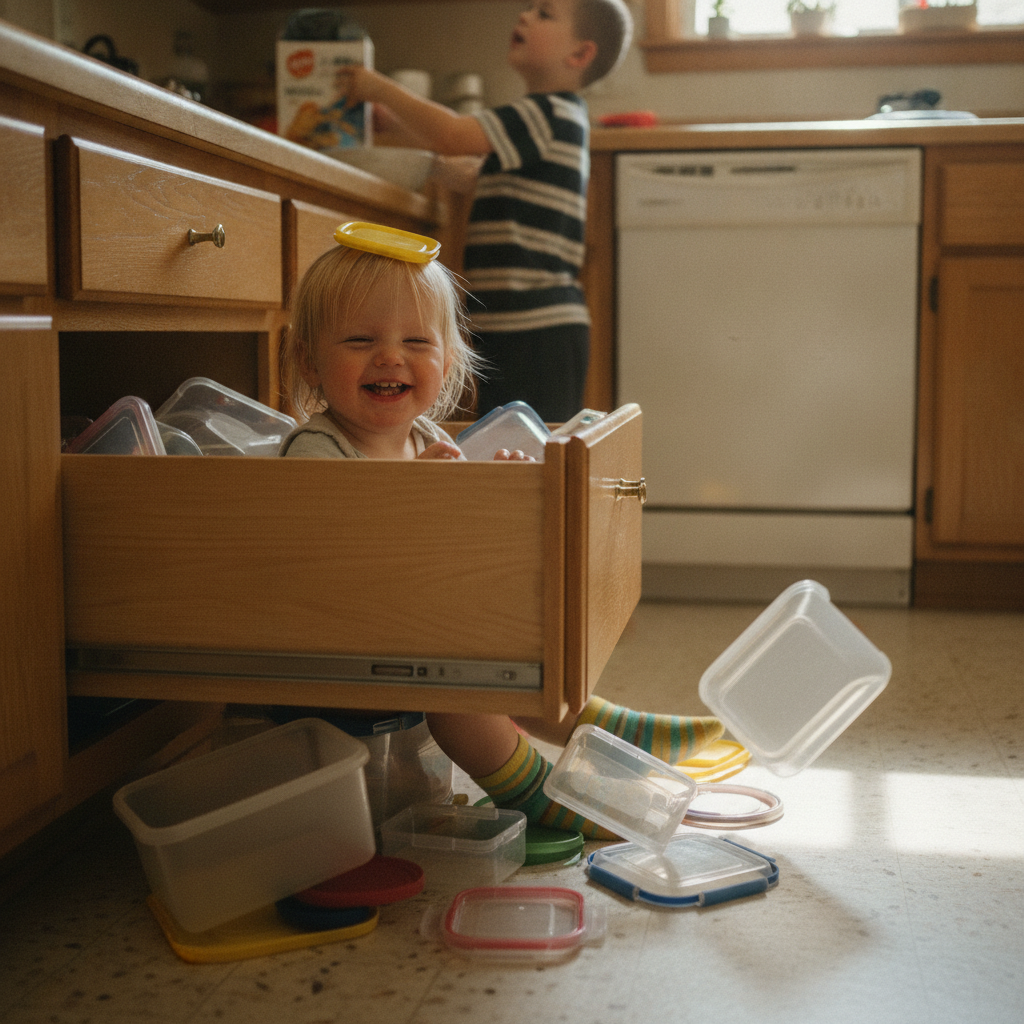 Toddler in a Tupperware drawer AI-generated photoreal reference