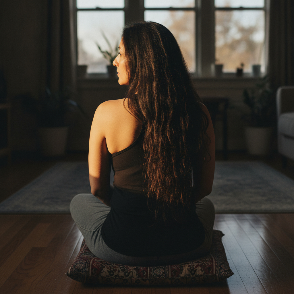 Persian woman 40s cross-legged, long hair down AI-generated photoreal reference