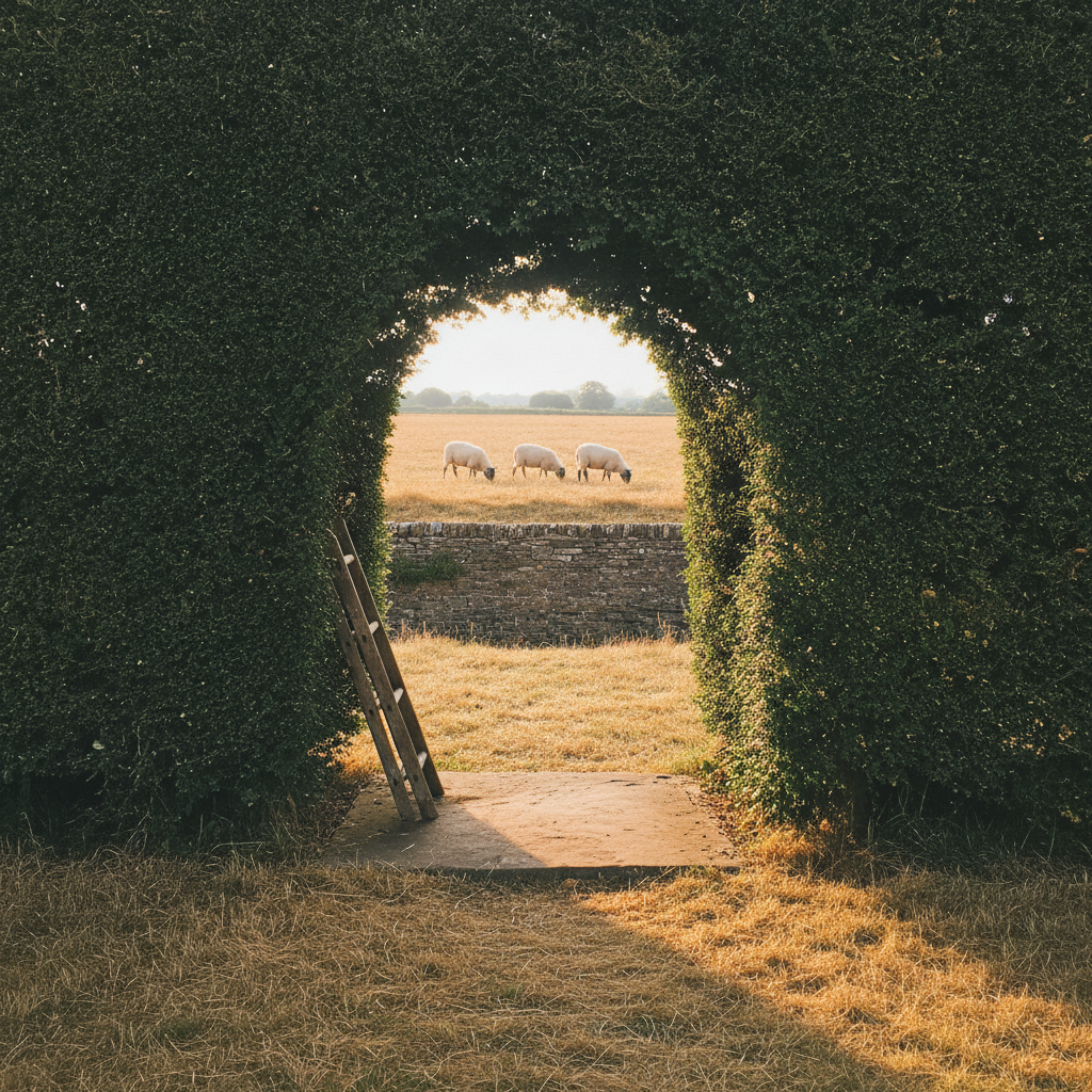 Yew arch frames a view to a haha and grazing sheep AI-generated photoreal reference