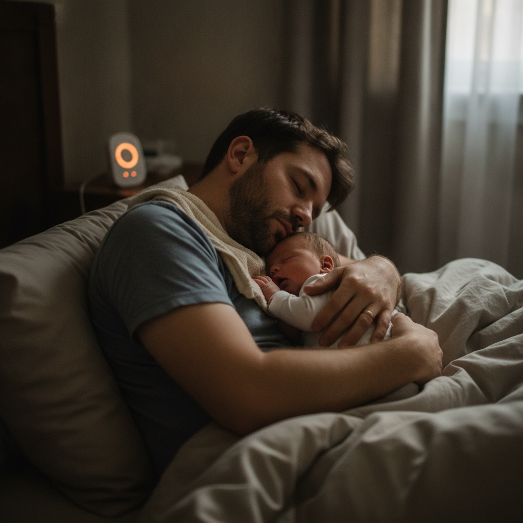 Person sleeping next to baby AI-generated photoreal reference