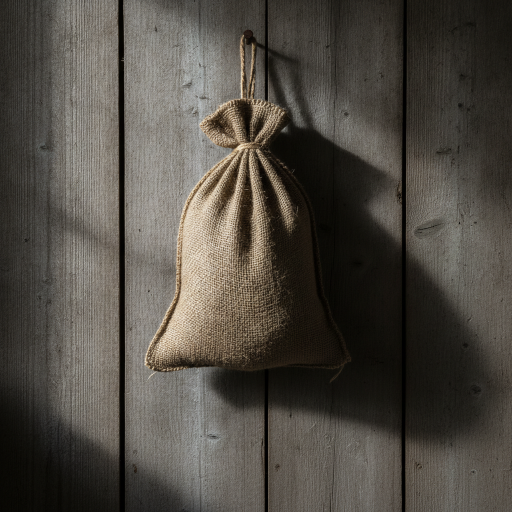 Burlap sack hanging from a nail AI-generated photoreal reference