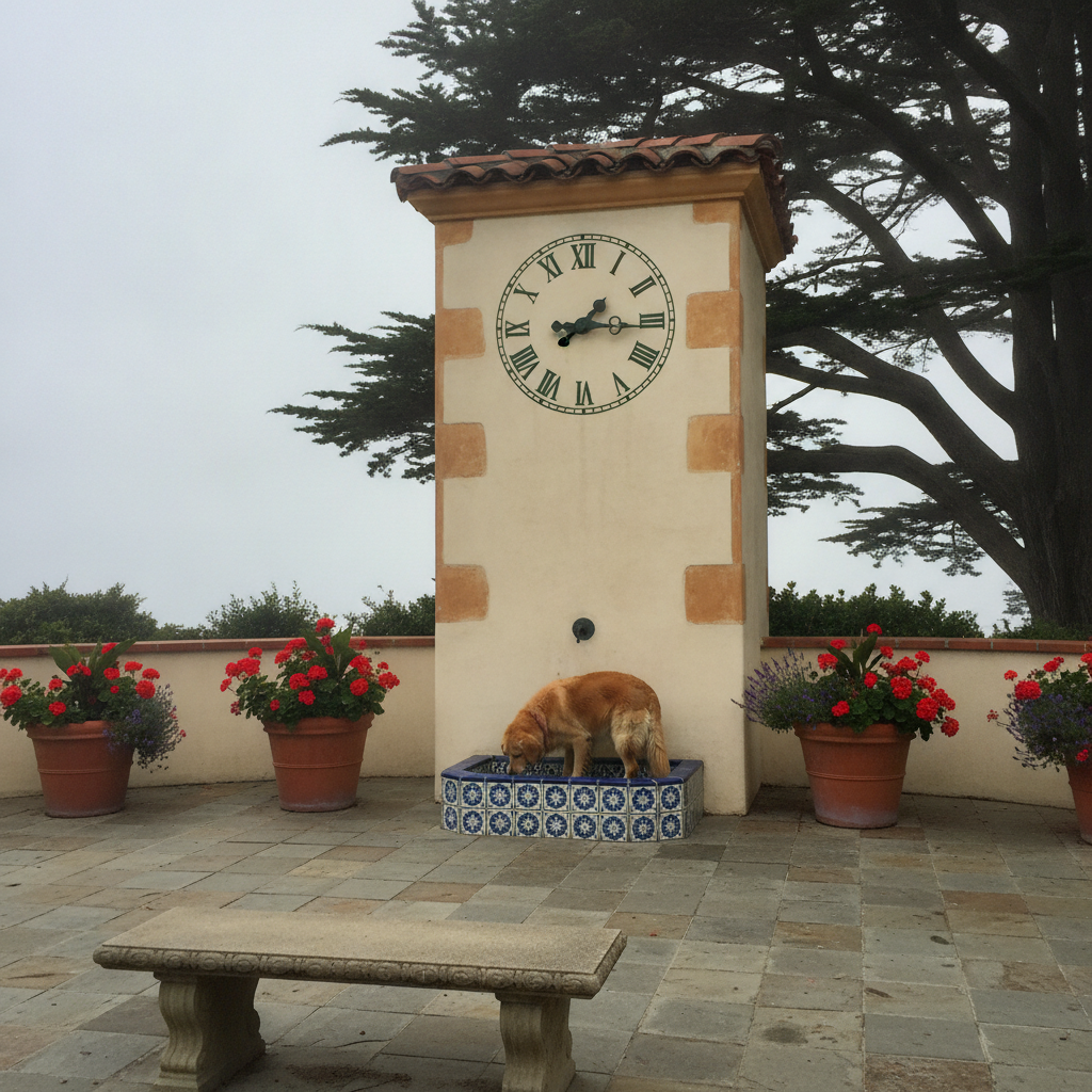 Carmel-by-the-Sea Library Clock, 10:55 a.m. AI-generated photoreal reference