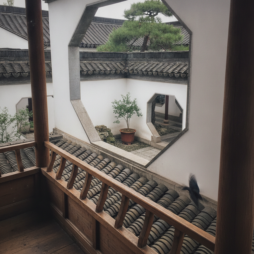 The gate from a high pavilion, looking down into the courtyard AI-generated photoreal reference