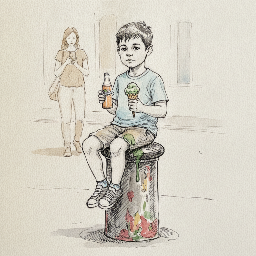 Kid Drinking Fanta on a Bollard example 1