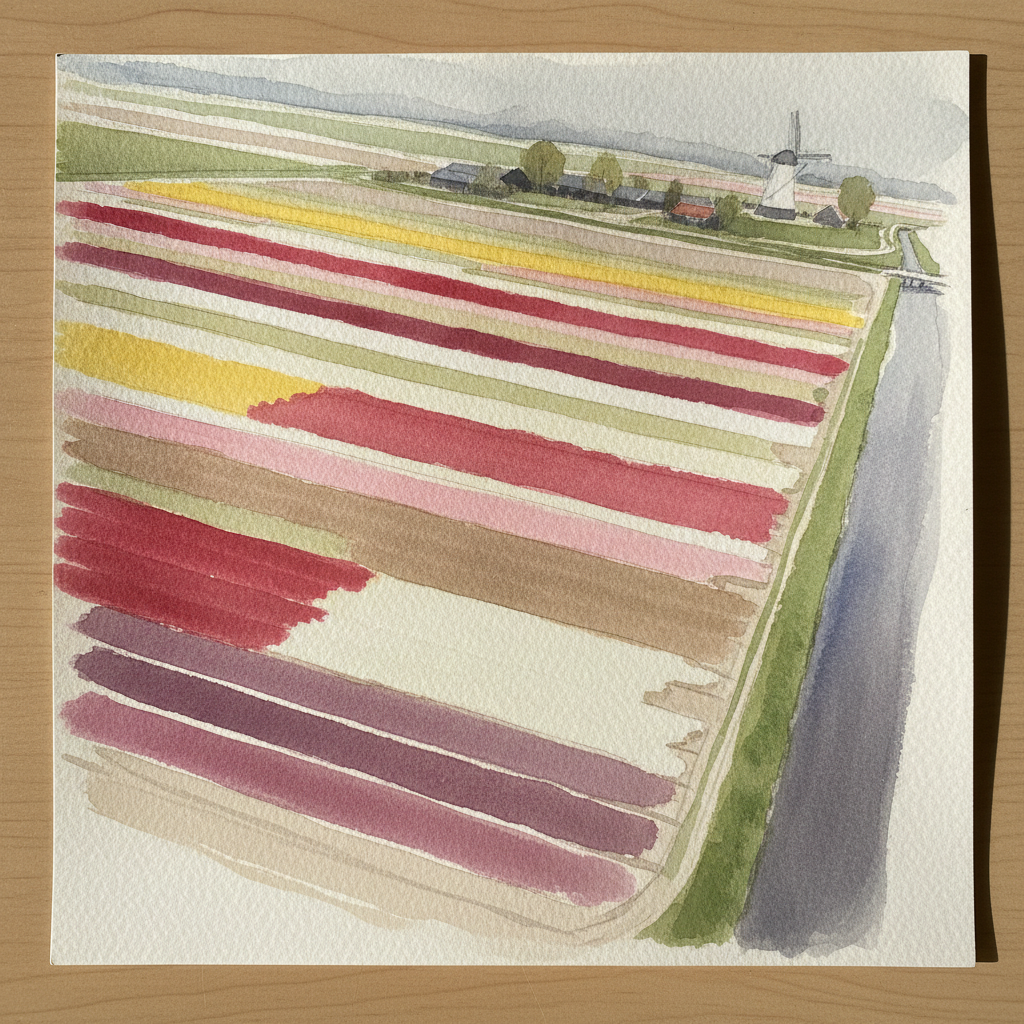 Drone-aerial view of color block bulb fields, Netherlands example 1
