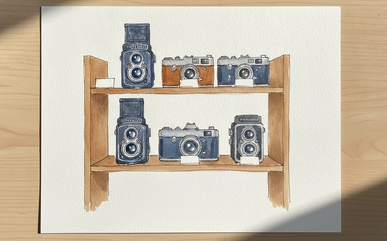 Collector's shelf of cameras example 1