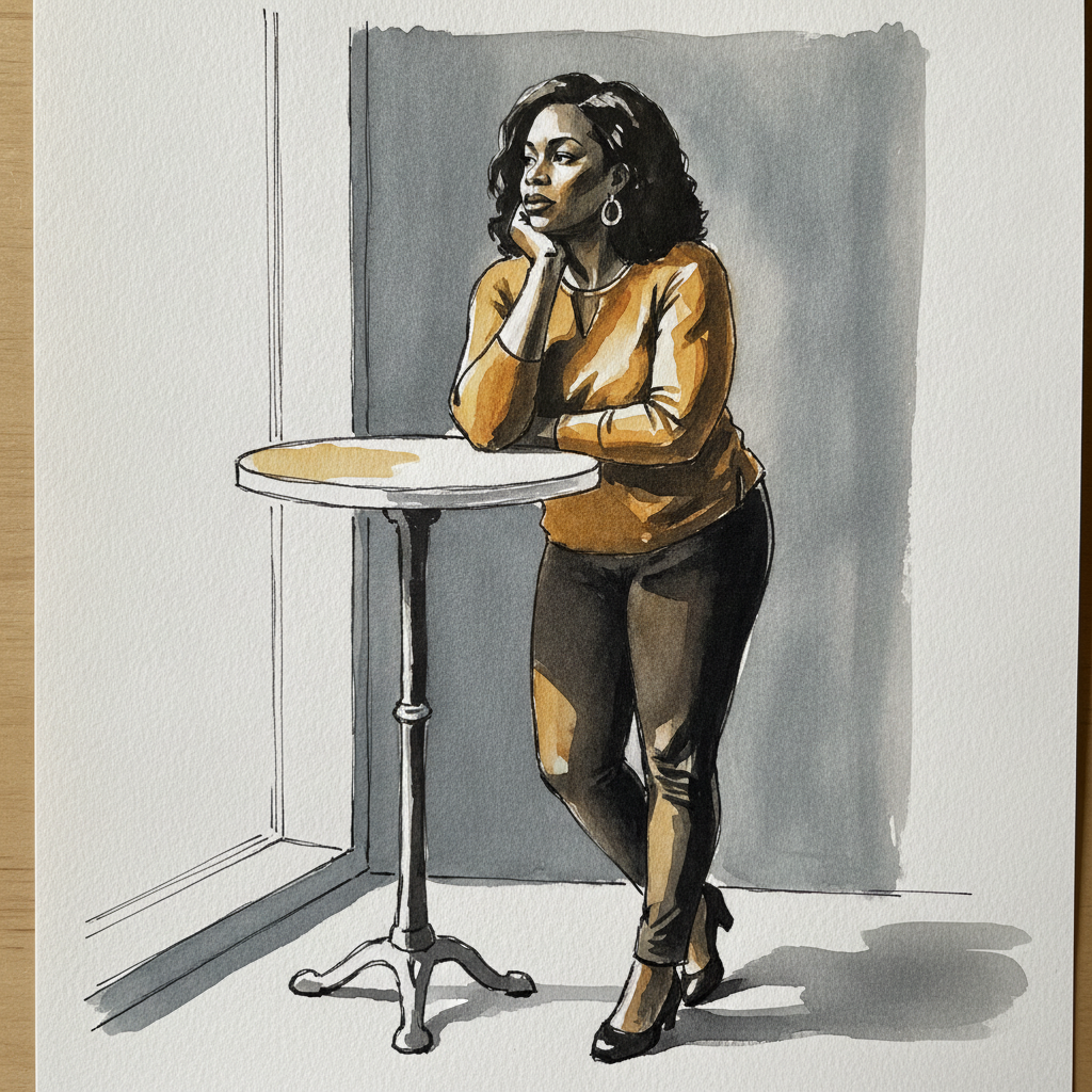 Woman, 40s, Black, full-figured curvy build, elbow on a high cafe table example 1
