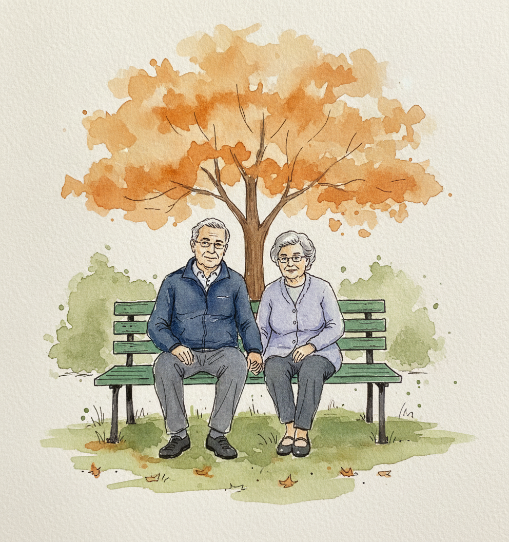 Old couple holding hands on bench example 1
