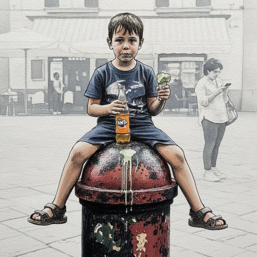 Kid Drinking Fanta on a Bollard example 2