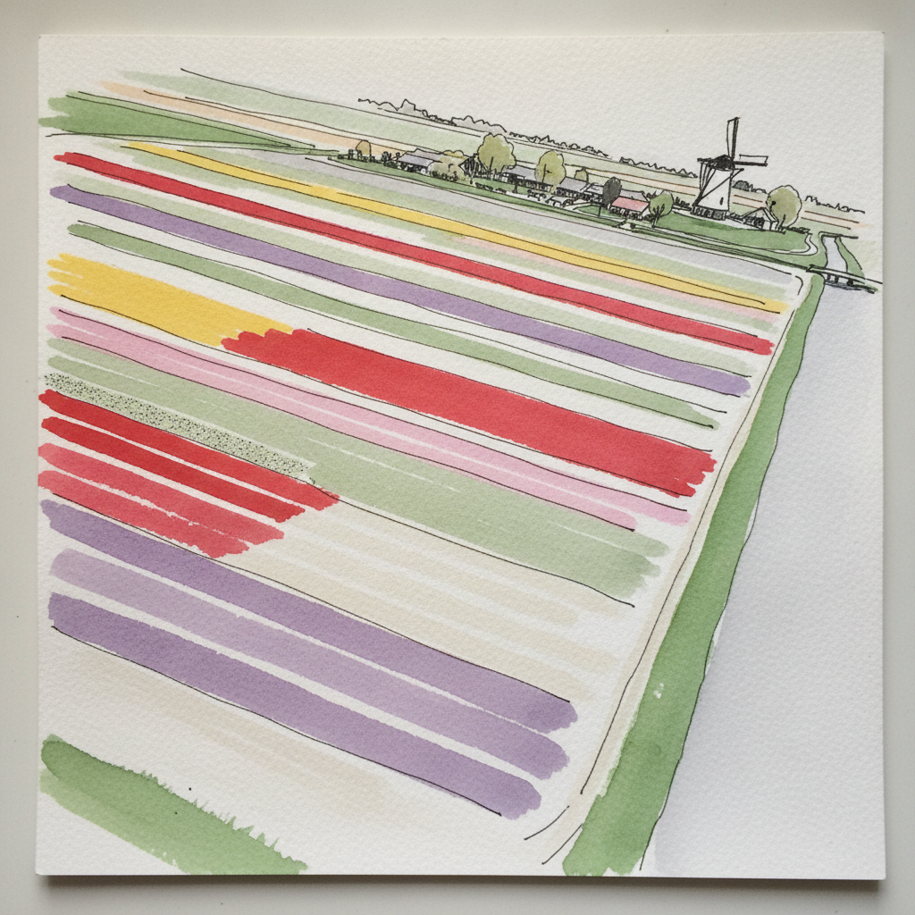 Drone-aerial view of color block bulb fields, Netherlands example 2