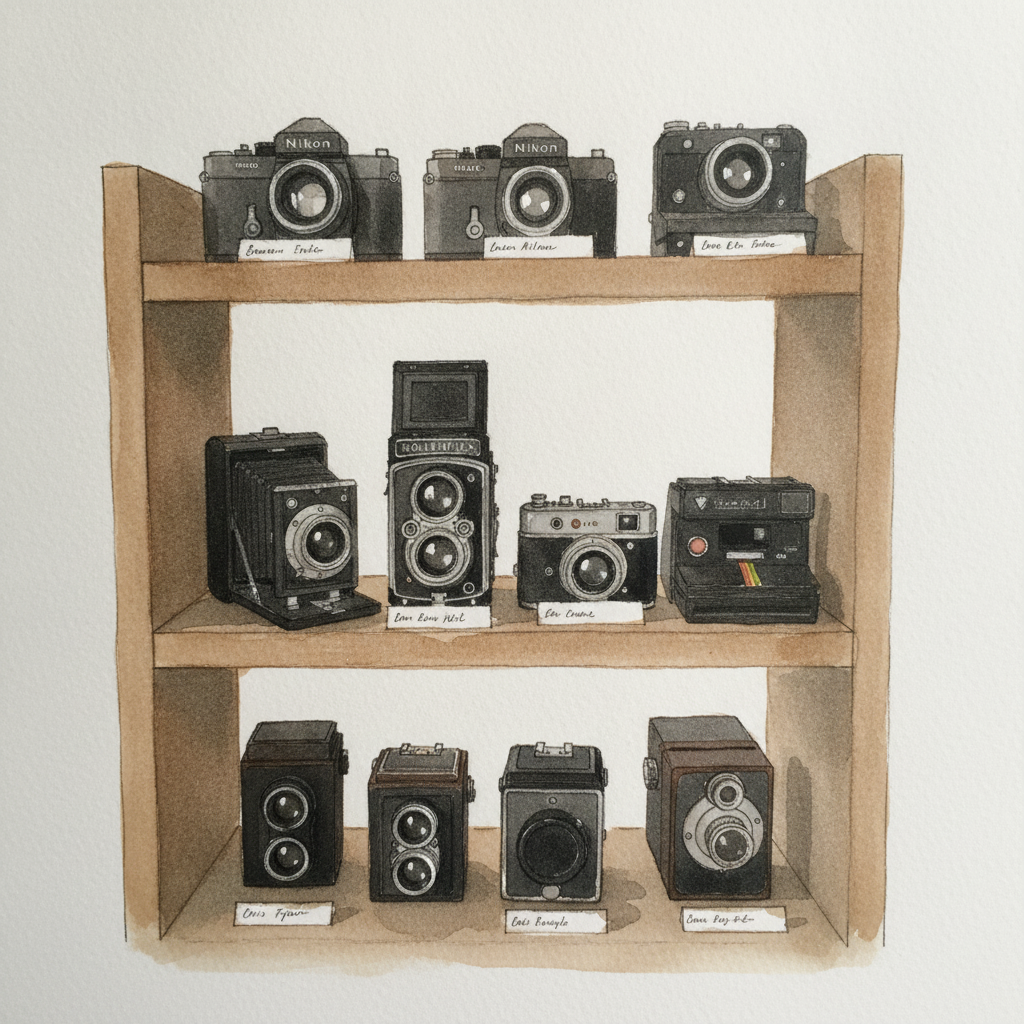 Collector's shelf of cameras example 2