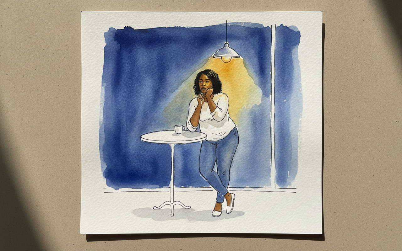 Woman, 40s, Black, full-figured curvy build, elbow on a high cafe table example 2
