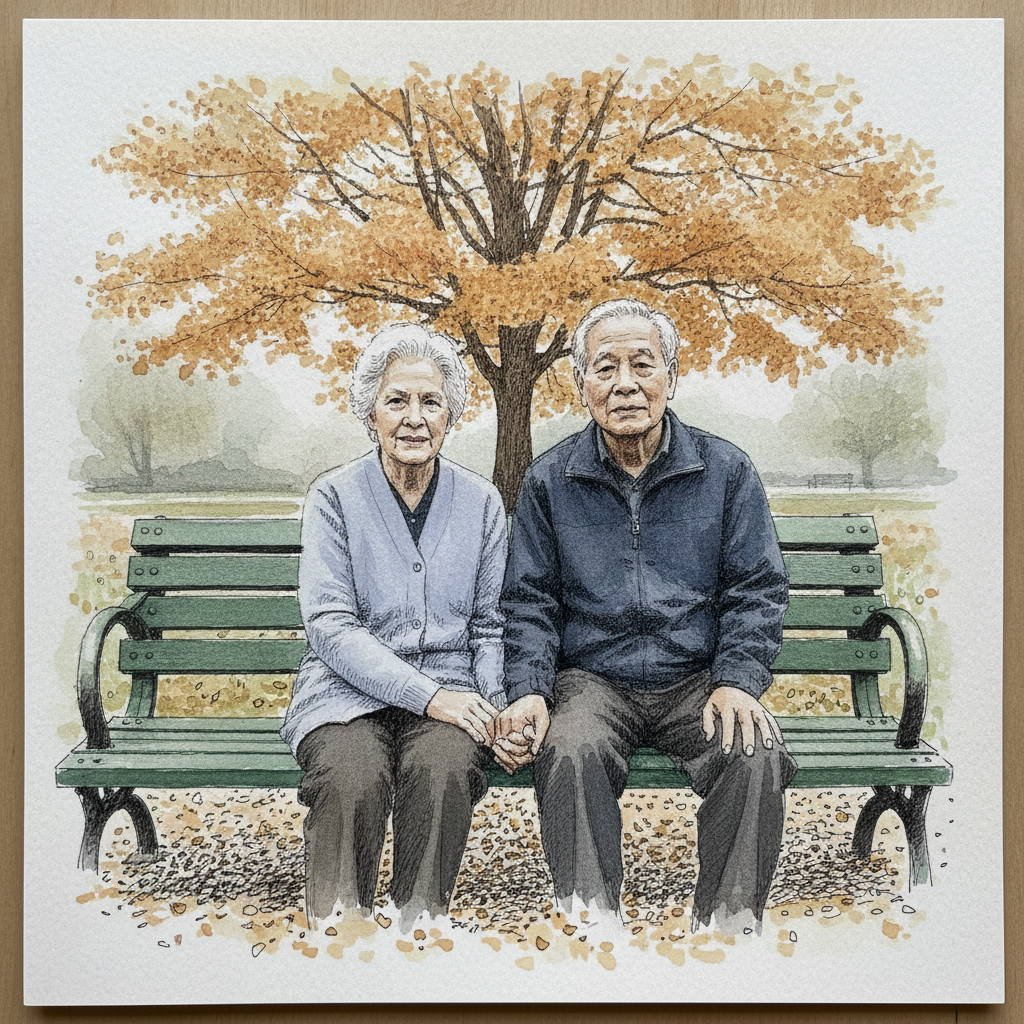 Old couple holding hands on bench example 2