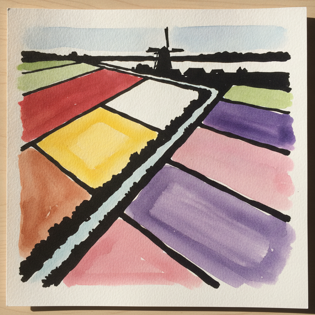 Drone-aerial view of color block bulb fields, Netherlands example 3