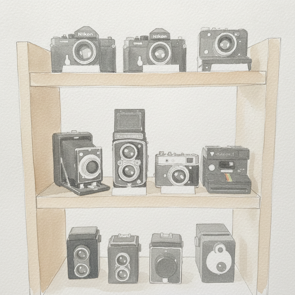 Collector's shelf of cameras example 3