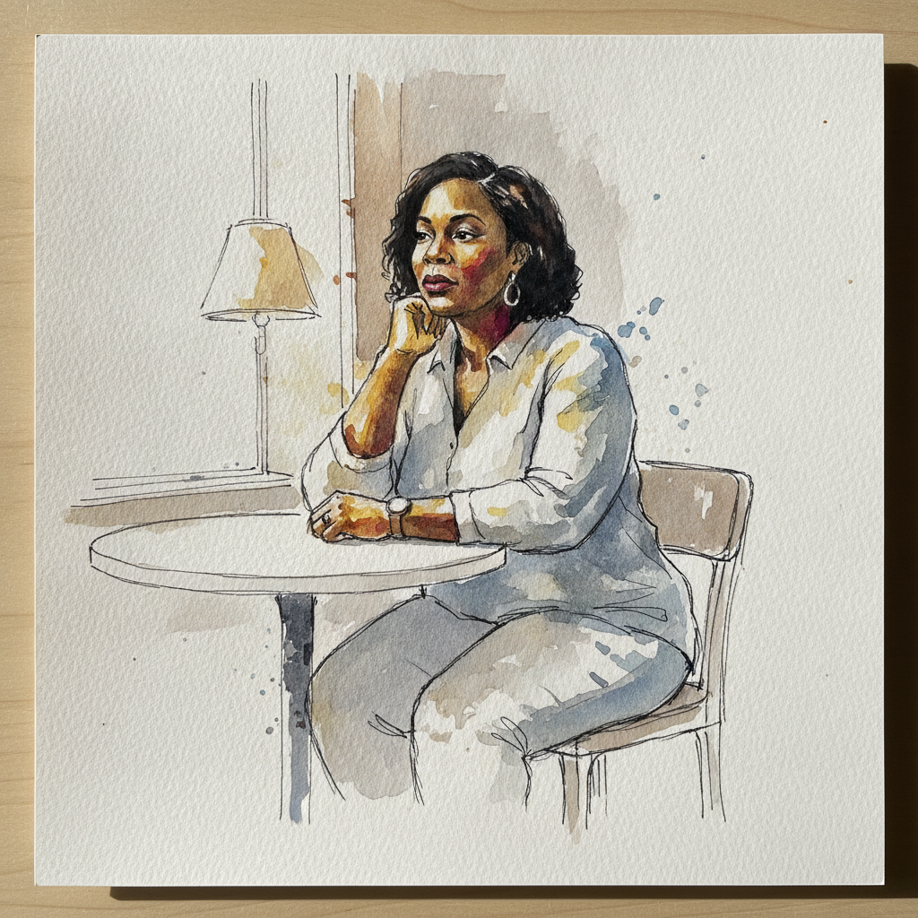 Woman, 40s, Black, full-figured curvy build, elbow on a high cafe table example 3