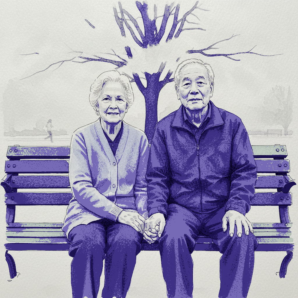 Old couple holding hands on bench example 3