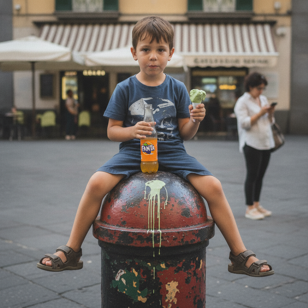 Kid Drinking Fanta on a Bollard AI-generated photoreal reference