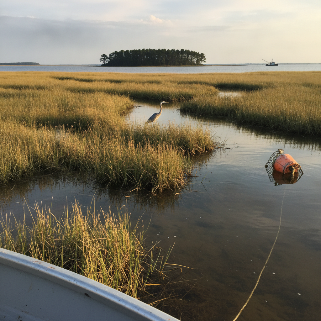 Chesapeake Bay reed marsh at high tide, Smith Island, Maryland AI-generated photoreal reference