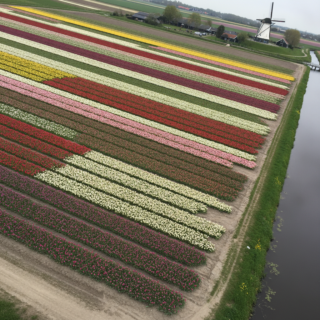 Drone-aerial view of color block bulb fields, Netherlands AI-generated photoreal reference