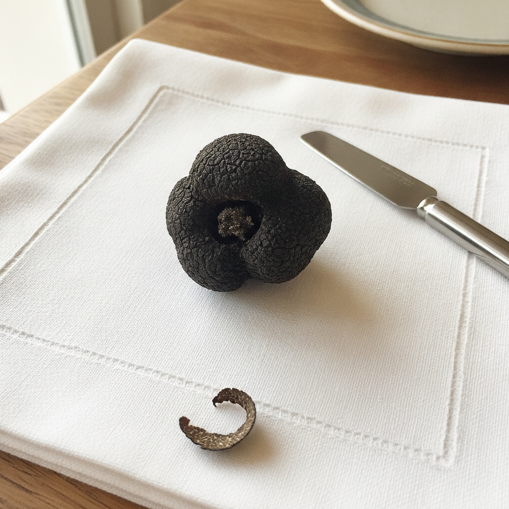 Black Truffle on White Napkin AI-generated photoreal reference