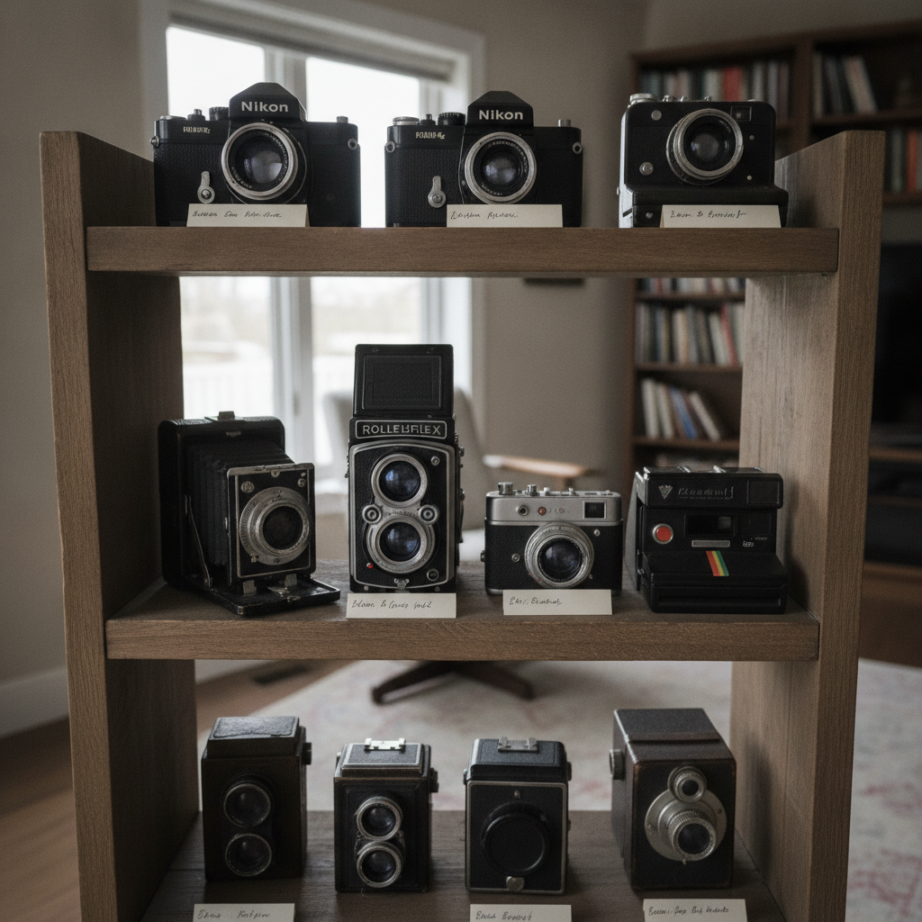 Collector's shelf of cameras AI-generated photoreal reference